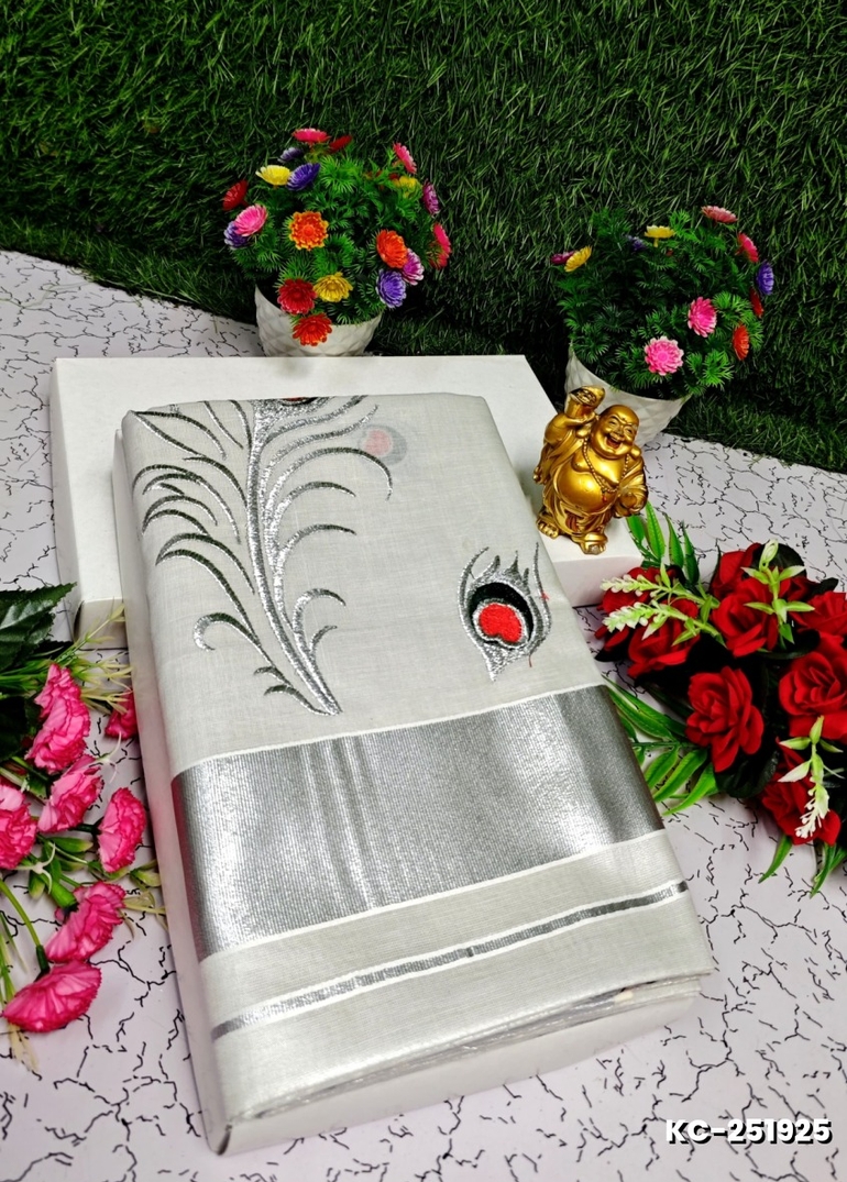 TRENDING KERALA SPECIAL FULL WORK EMBOSSED DIGITAL PRINTING TISSUE SAREE COLLECTIONS - WHITE (45)