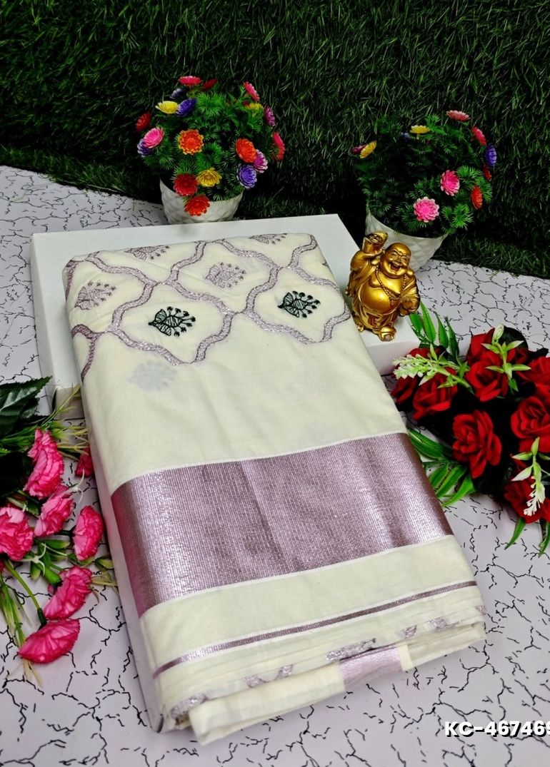 TRENDING KERALA SPECIAL FULL WORK EMBOSSED DIGITAL PRINTING COTTON SAREE COLLECTIONS - BEIGE COLOUR (36)