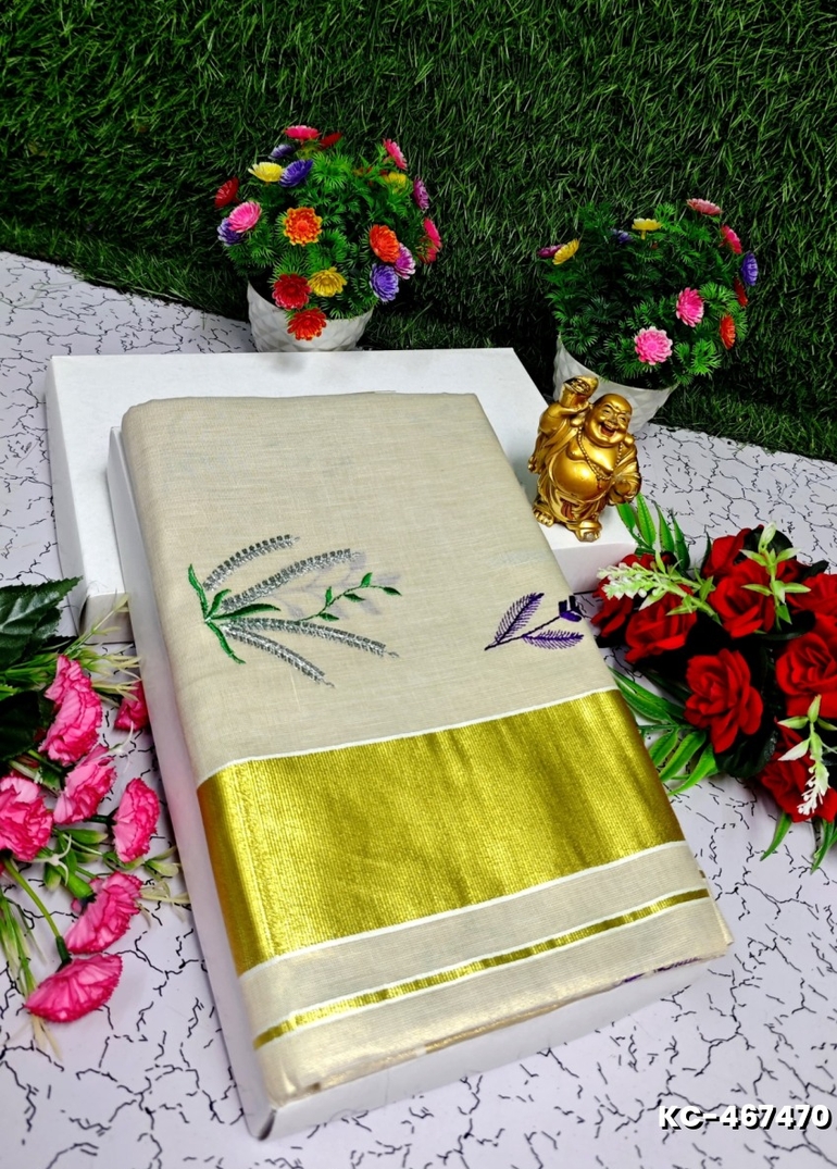 TRENDING KERALA SPECIAL FULL WORK EMBOSSED DIGITAL PRINTING TISSUE SAREE COLLECTIONS - IVORY COLOUR (33)