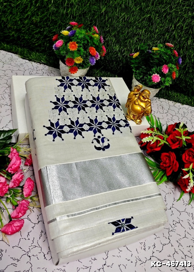 TRENDING KERALA SPECIAL FULL WORK EMBOSSED DIGITAL PRINTING TISSUE SAREE COLLECTIONS - SILVAR (18)
