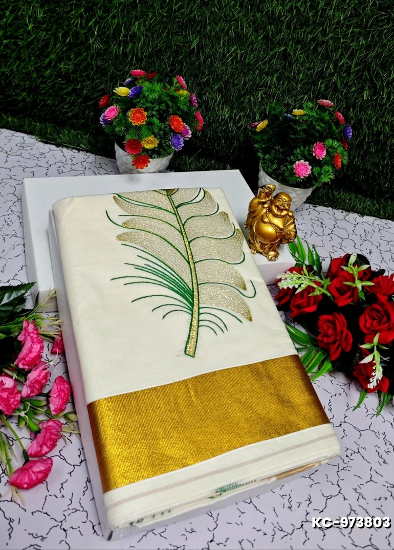 TRENDING KERALA SPECIAL FULL WORK EMBOSSED DIGITAL PRINTING COTTON  SAREE COLLECTIONS - GOLD (15)