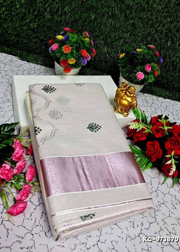 TRENDING KERALA SPECIAL FULL WORK EMBOSSED DIGITAL PRINTING TISSUE SAREE COLLECTIONS - IVORY COLOUR (34)