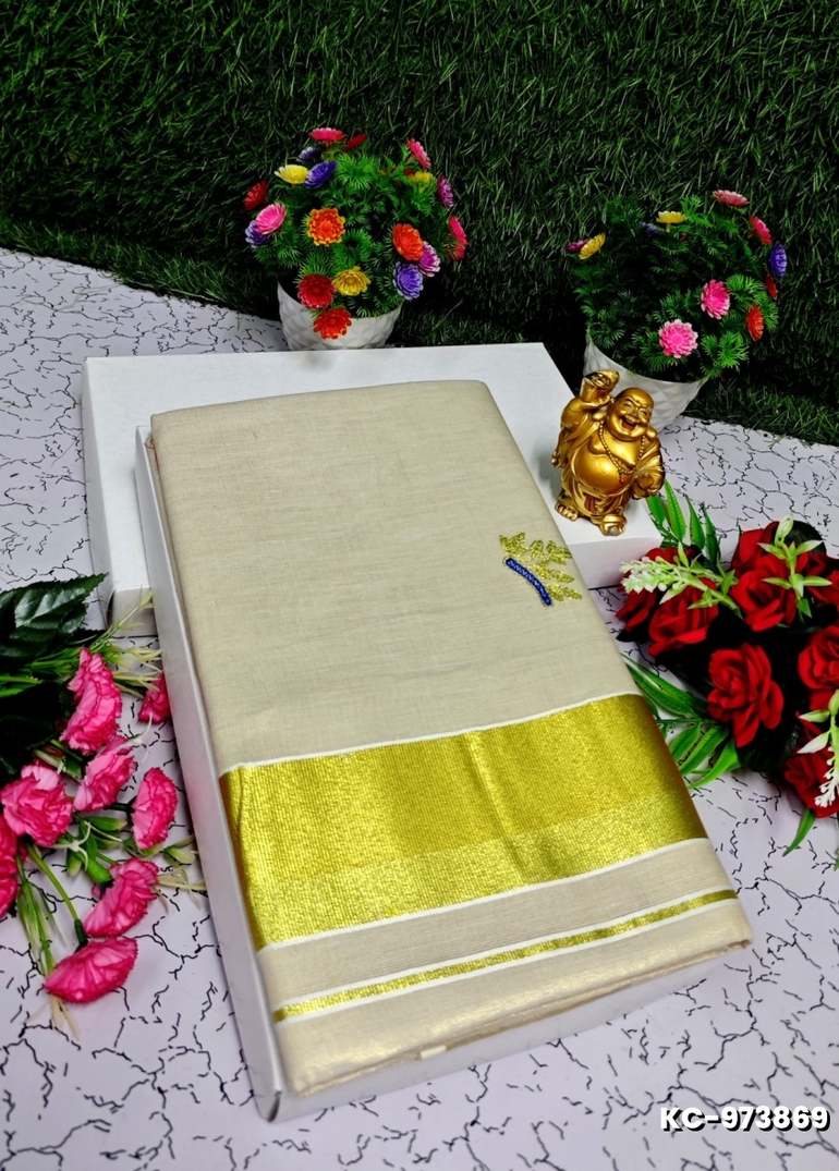 TRENDING KERALA SPECIAL FULL WORK EMBOSSED DIGITAL PRINTING TISSUE SAREE COLLECTIONS - BEIGE COLOUR (37)