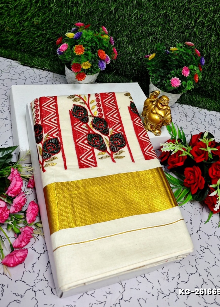TRENDING KERALA SPECIAL FULL WORK EMBOSSED DIGITAL PRINTING COTTON SAREE COLLECTIONS - BEIGE COLOUR (38)