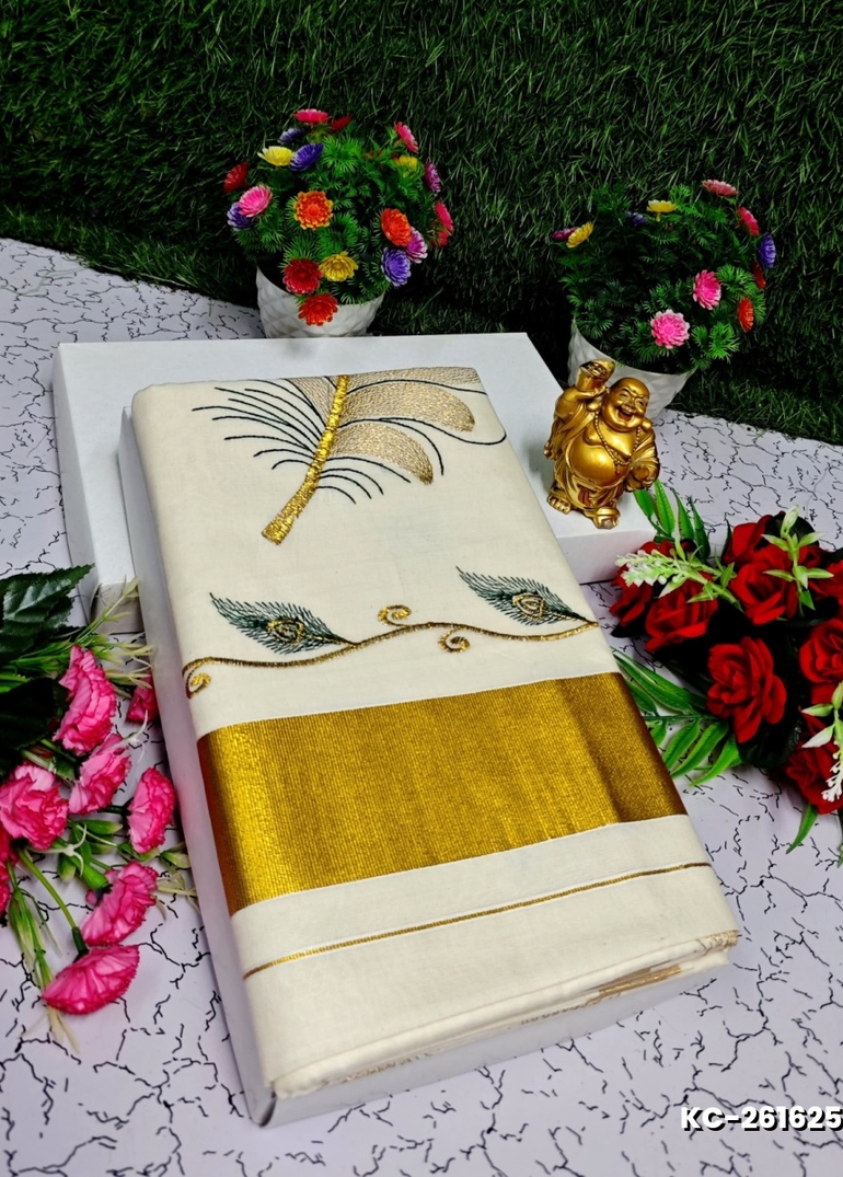 TRENDING KERALA SPECIAL FULL WORK EMBOSSED DIGITAL PRINTING COTTON SAREE COLLECTIONS - WHITE (49)