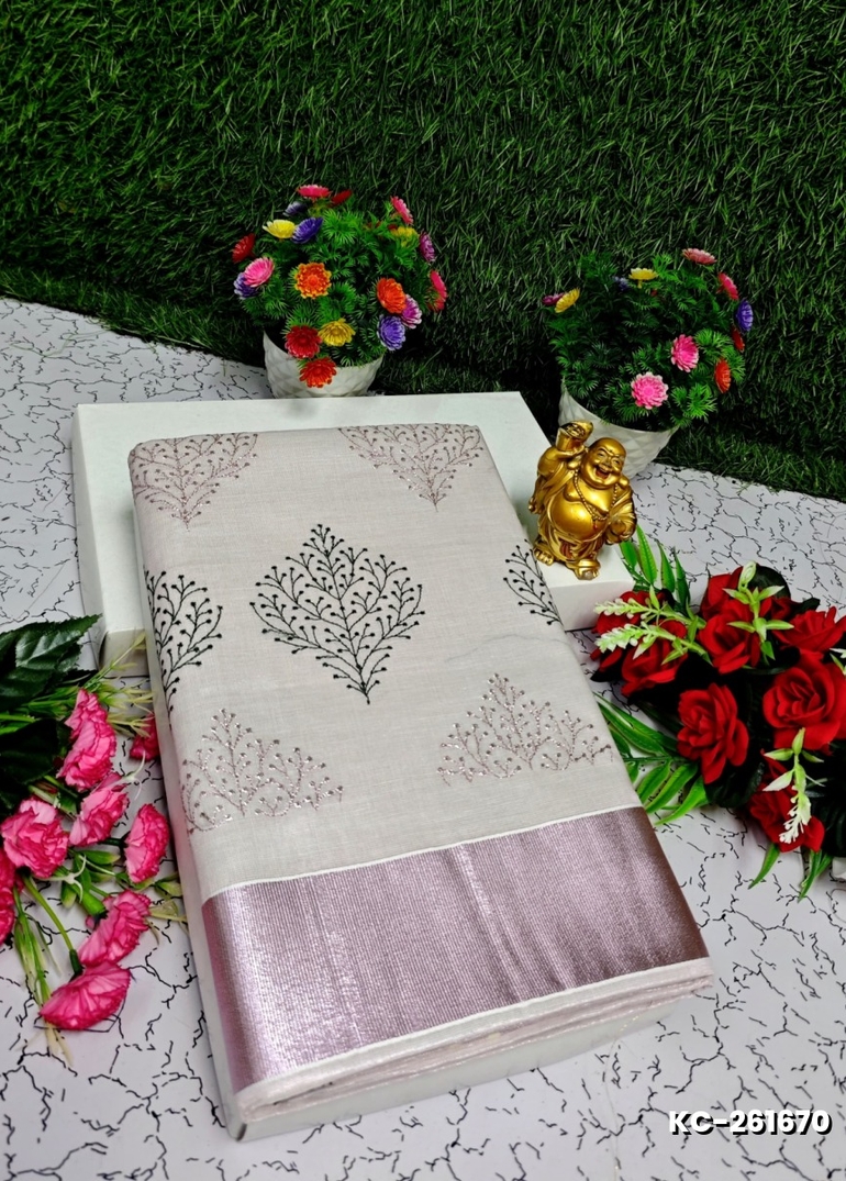 TRENDING KERALA SPECIAL FULL WORK EMBOSSED DIGITAL PRINTING TISSUE SAREE COLLECTIONS - IVORY COLOUR (35)