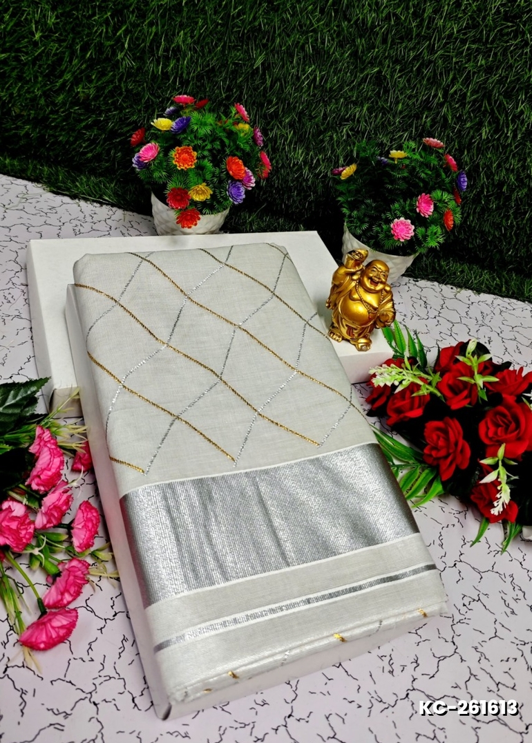 TRENDING KERALA SPECIAL FULL WORK EMBOSSED DIGITAL PRINTING TISSUE SAREE COLLECTIONS - SILVAR (19)