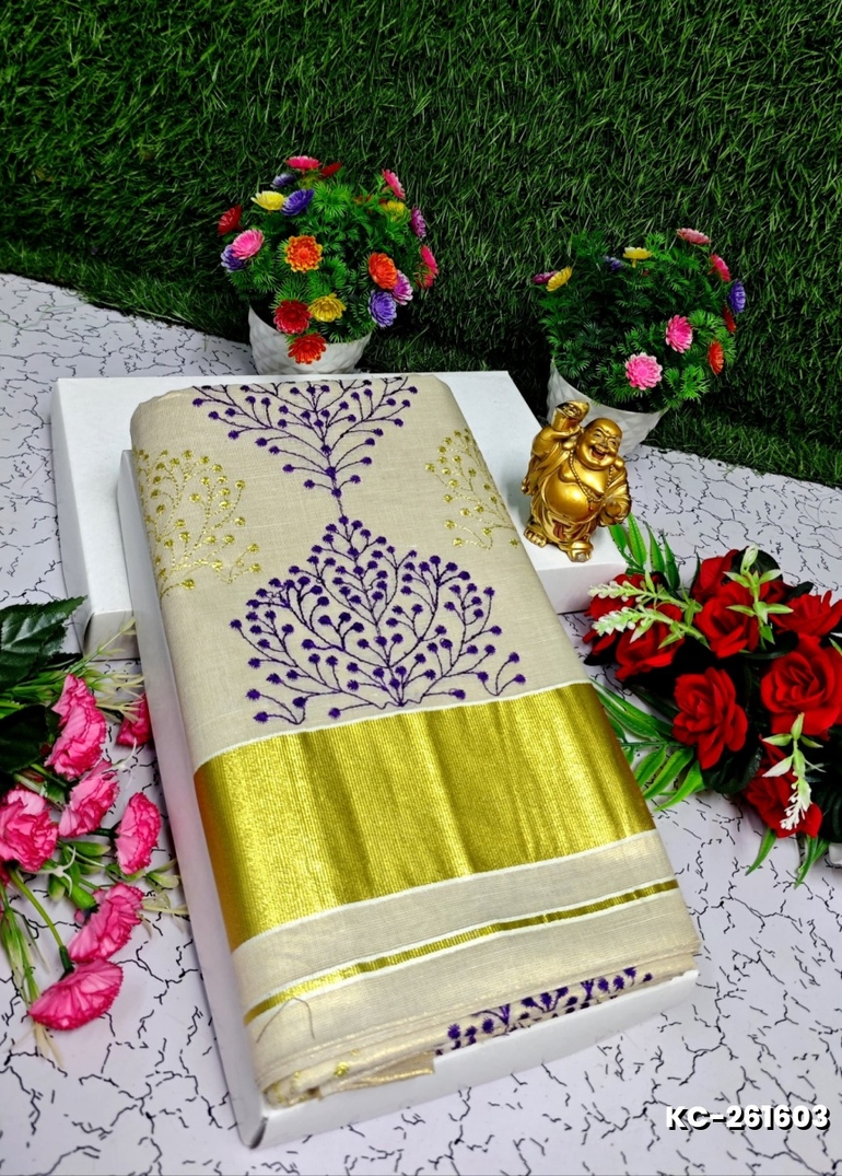 TRENDING KERALA SPECIAL FULL WORK EMBOSSED DIGITAL PRINTING TISSUE SAREE COLLECTIONS - GOLD (16)