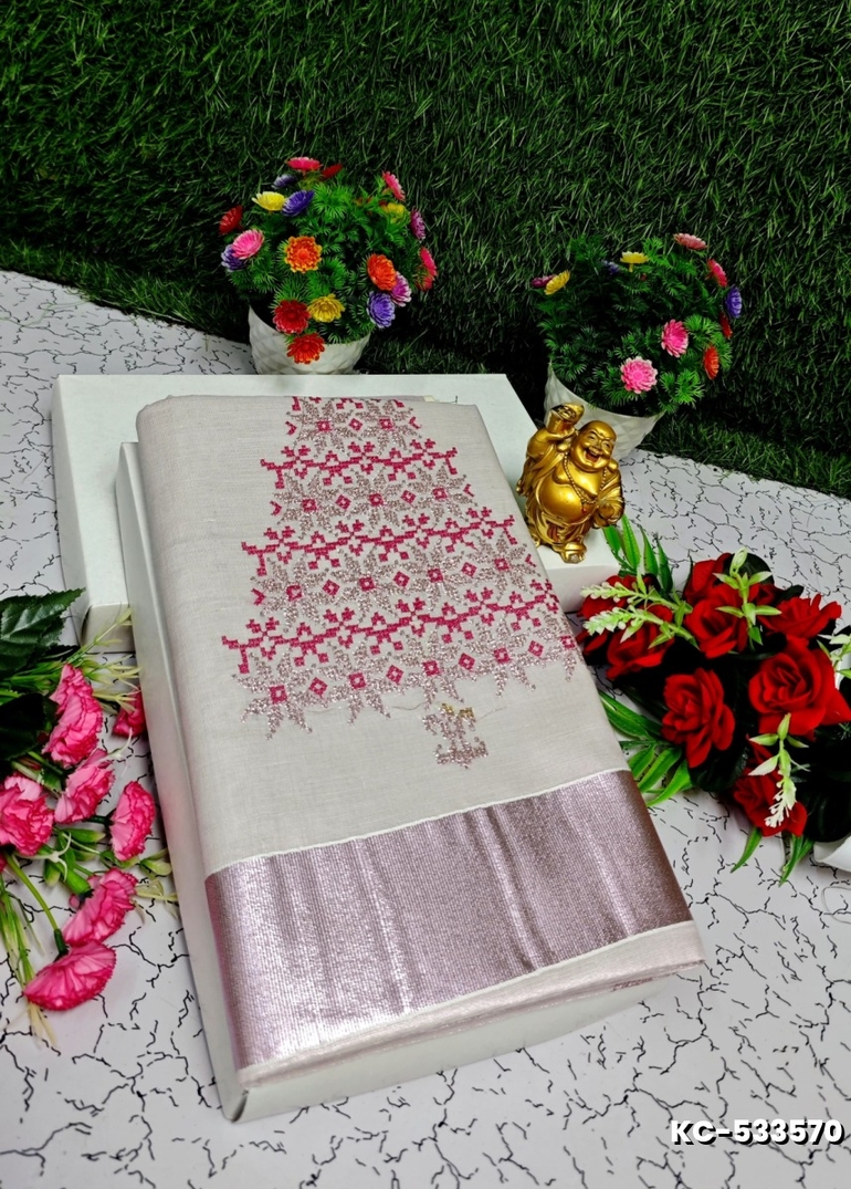 TRENDING KERALA SPECIAL FULL WORK EMBOSSED DIGITAL PRINTING TISSUE SAREE COLLECTIONS - IVORY COLOUR (36)