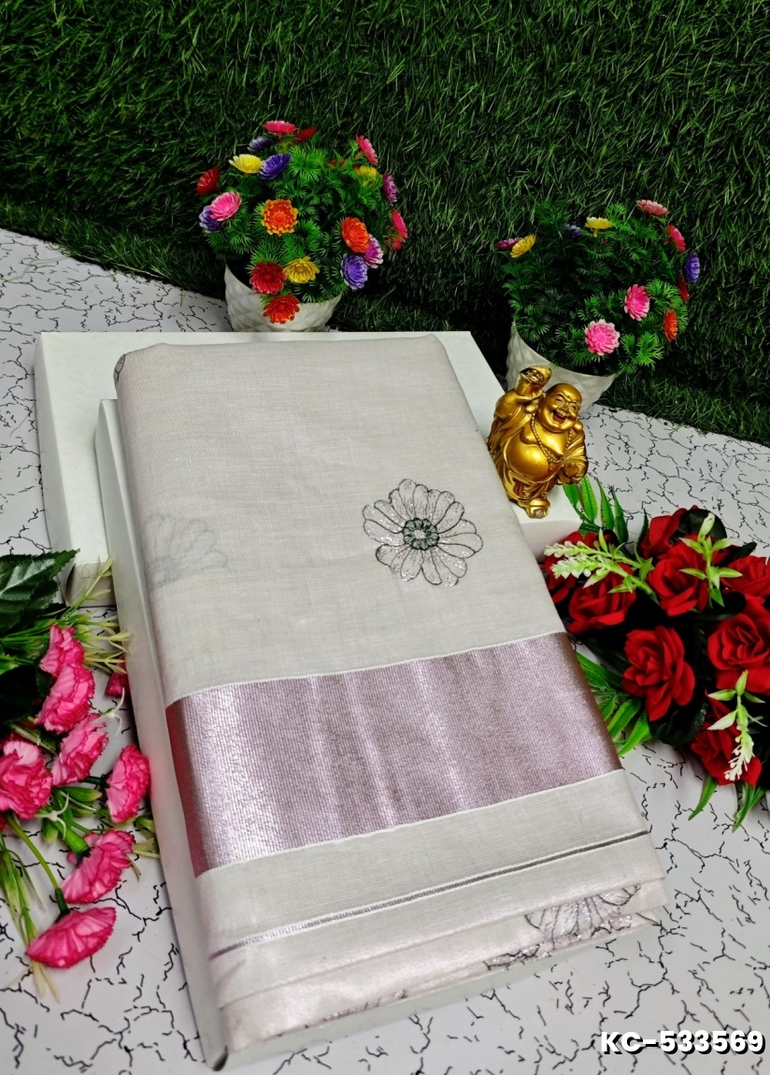 TRENDING KERALA SPECIAL FULL WORK EMBOSSED DIGITAL PRINTING TISSUE SAREE COLLECTIONS - BEIGE COLOUR (39)