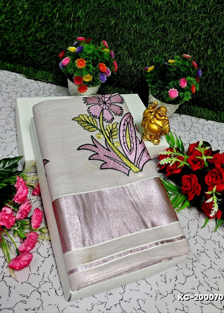 TRENDING KERALA SPECIAL FULL WORK EMBOSSED DIGITAL PRINTING TISSUE SAREE COLLECTIONS - IVORY COLOUR (37)
