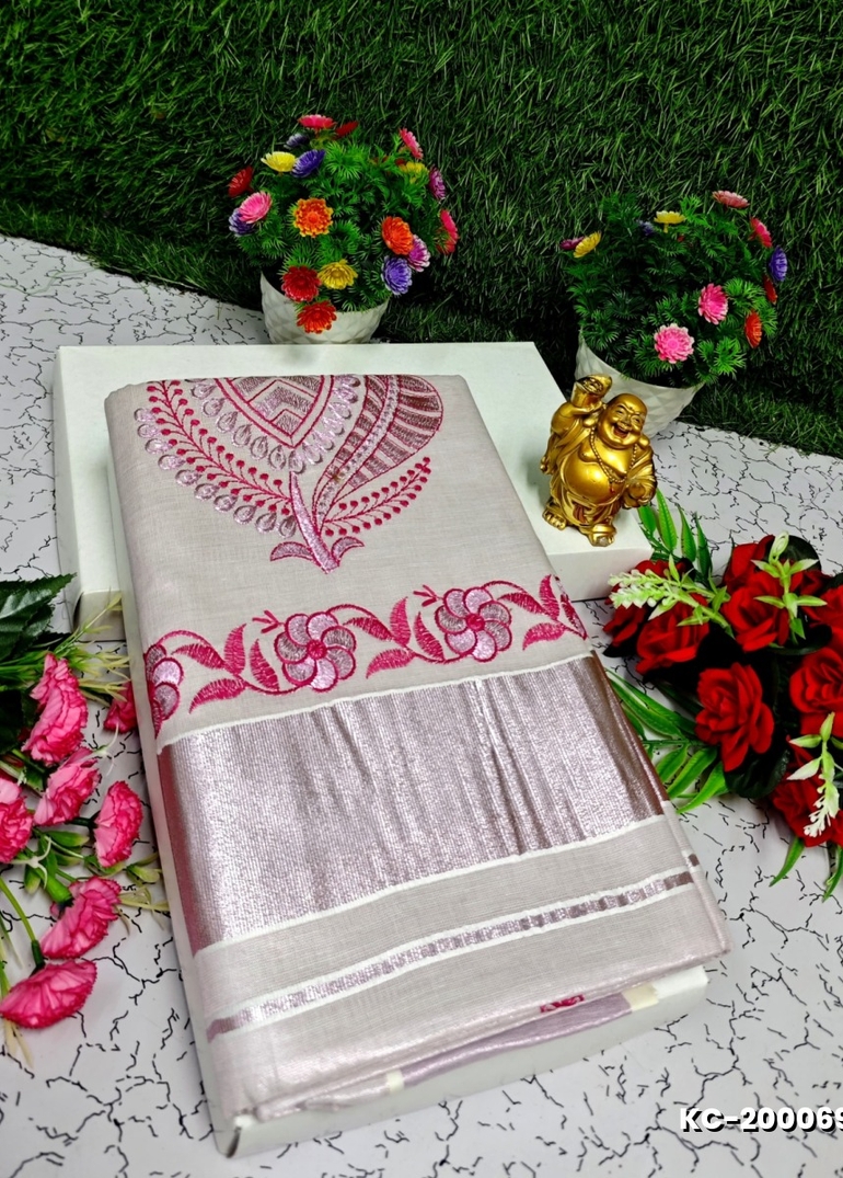 TRENDING KERALA SPECIAL FULL WORK EMBOSSED DIGITAL PRINTING TISSUE SAREE COLLECTIONS - BEIGE COLOUR (40)