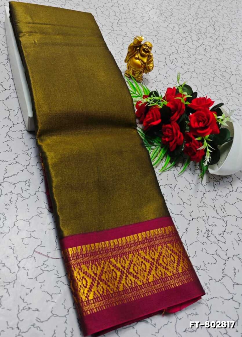 TRENDING DESIGN FANCY TISSUE SILK SAREE - OLIVE GREEN