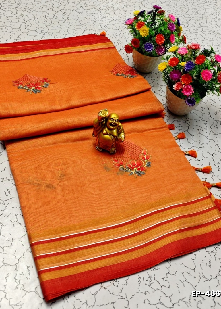 DIGITAL EMBROIDERY PRINTING COTTON SAREES - ORANGE N