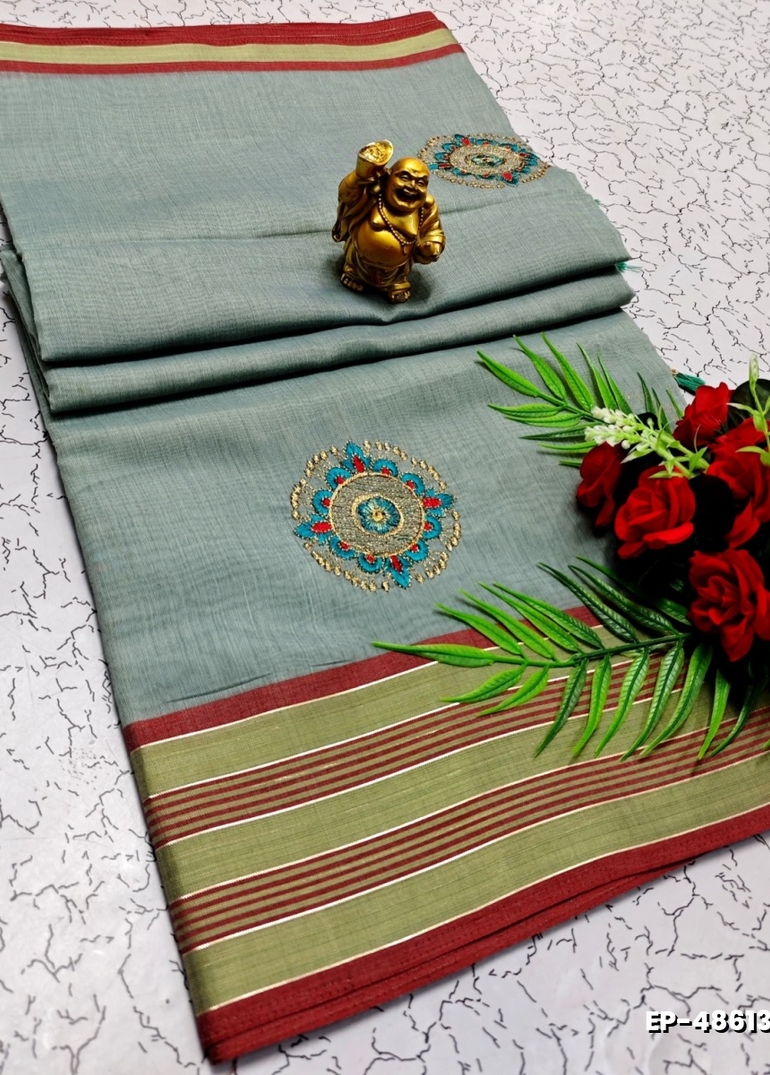 DIGITAL EMBROIDERY PRINTING COTTON SAREES - LIGHT SKY BLUE (1)