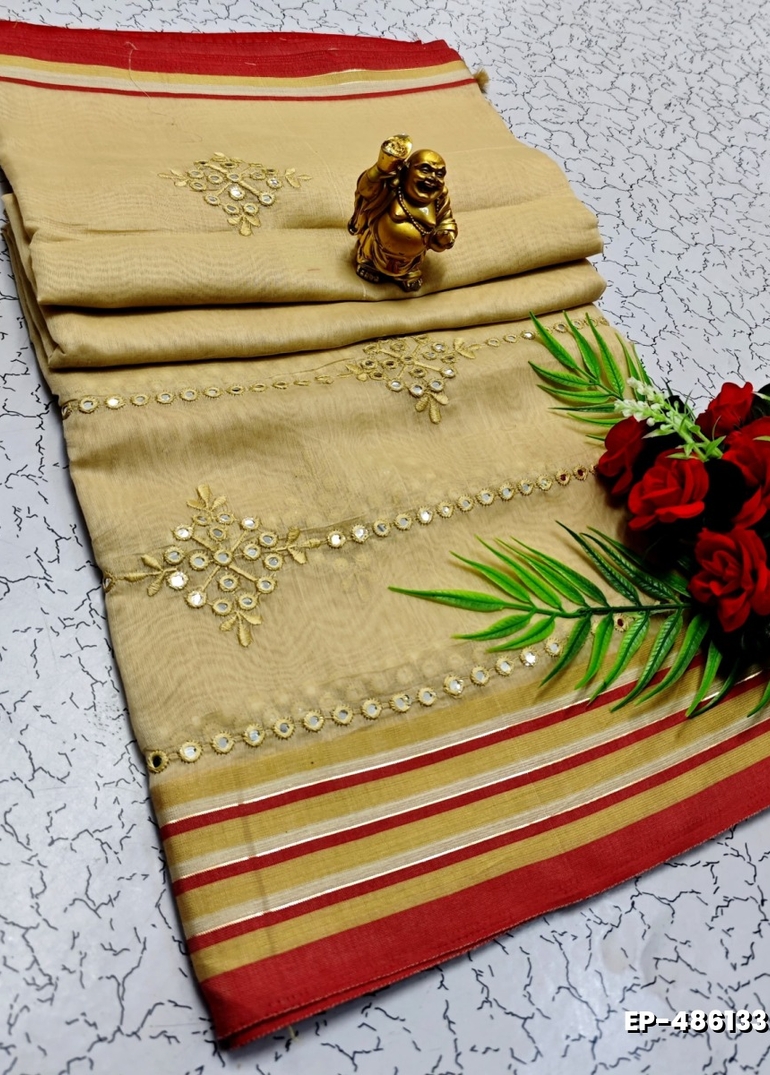 DIGITAL EMBROIDERY PRINTING COTTON SAREES - CREAM (4)