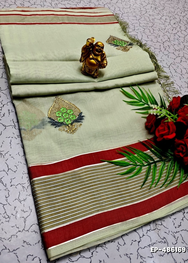 DIGITAL EMBROIDERY PRINTING COTTON SAREES - BEIGE COLOUR (1)