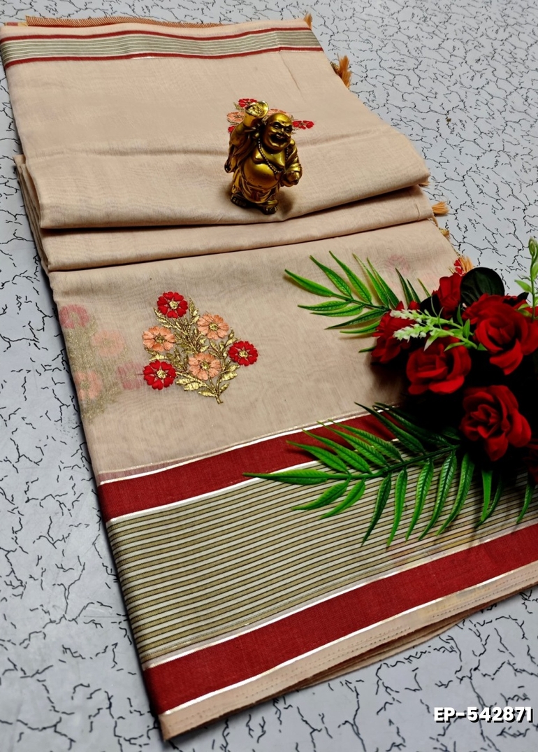 DIGITAL EMBROIDERY PRINTING COTTON SAREES - PEACH COLOUR