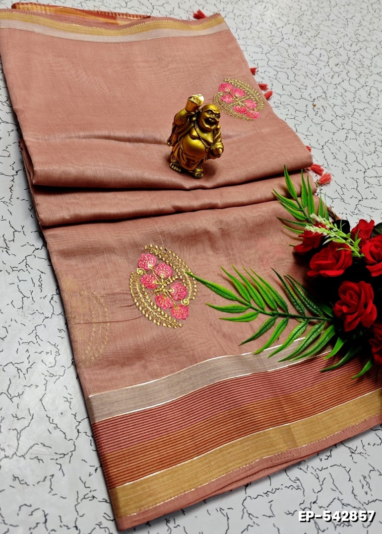 DIGITAL EMBROIDERY PRINTING COTTON SAREES - LIGHT ORANGE