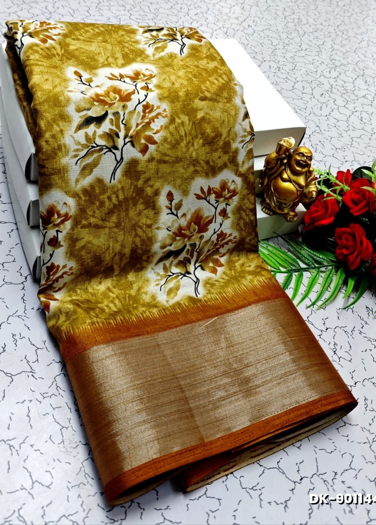 DIGITAL PRINTING DOLA SILK COTTON SAREES - LIGHT YELLOW (1)