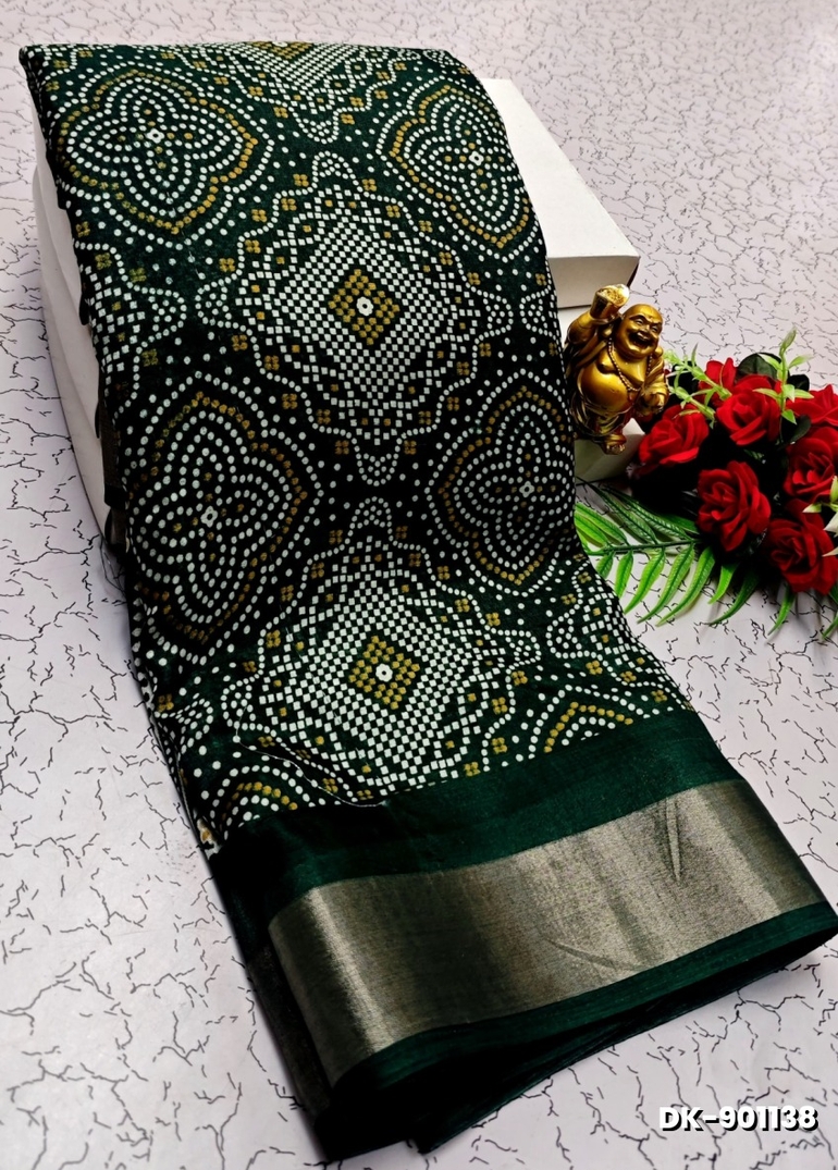 DIGITAL PRINTING DOLA SILK COTTON SAREES - DARK GREEN