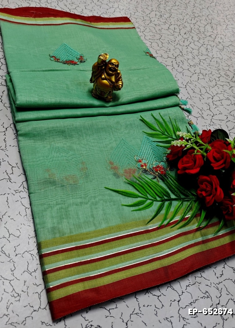 DIGITAL EMBROIDERY PRINTING COTTON SAREES - EMERALD COLOUR