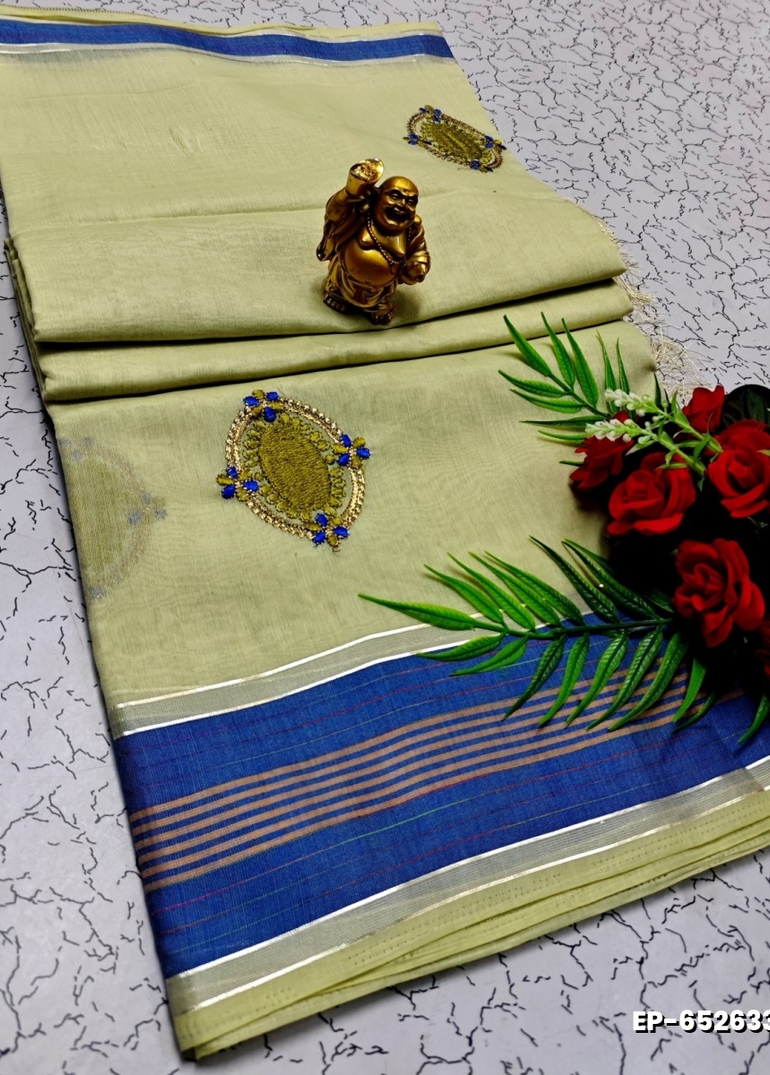 DIGITAL EMBROIDERY PRINTING COTTON SAREES - CREAM (6)