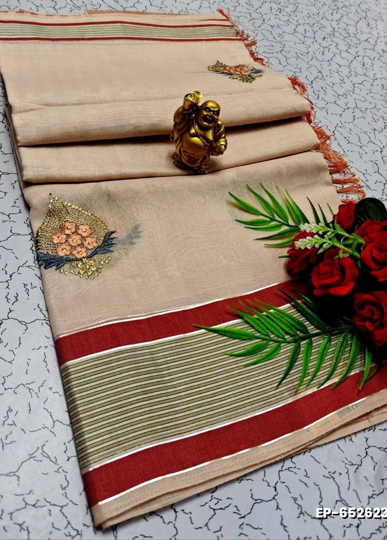 DIGITAL EMBROIDERY PRINTING COTTON SAREES - LIGHT SANDLE