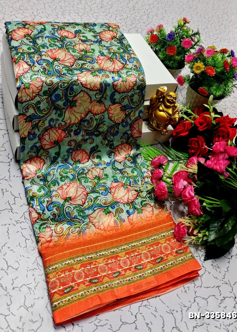 DESIGNER SOFT BANARASI SILK WITH KALAMKARI THEME  EXCLUSIVE MODEL WITH PURE ZARI  BORDER - LIGHT GREEN SHADE