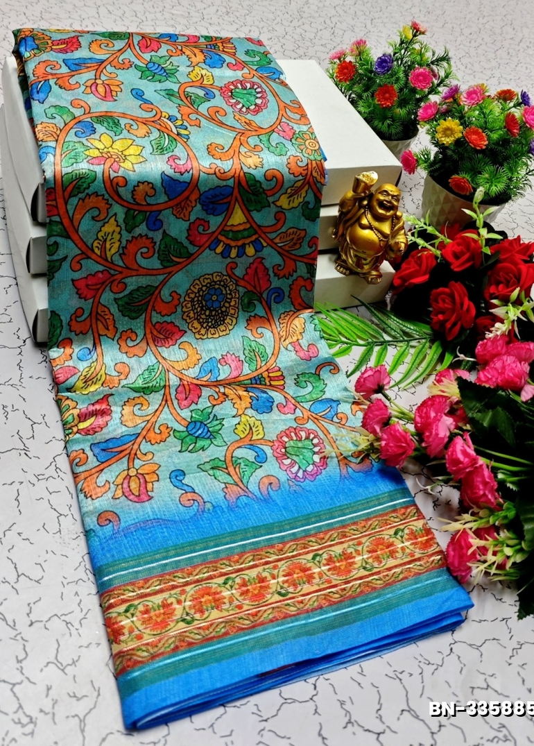 DESIGNER SOFT BANARASI SILK WITH KALAMKARI THEME  EXCLUSIVE MODEL WITH PURE ZARI  BORDER - BLUE SHADE