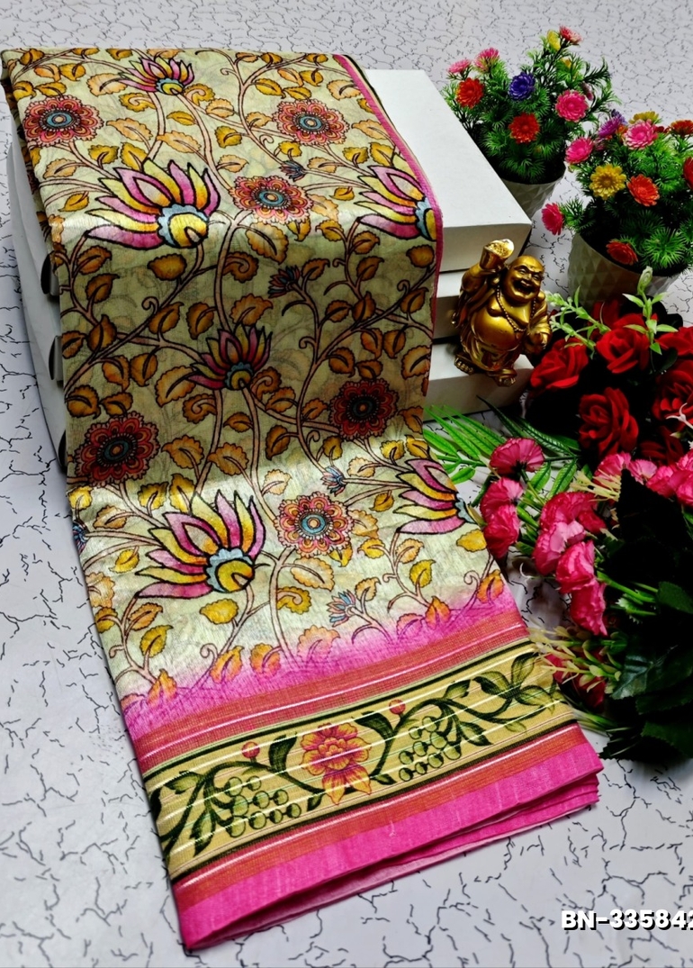 DESIGNER SOFT BANARASI SILK WITH KALAMKARI THEME  EXCLUSIVE MODEL WITH PURE ZARI  BORDER - LIGHT PEACH