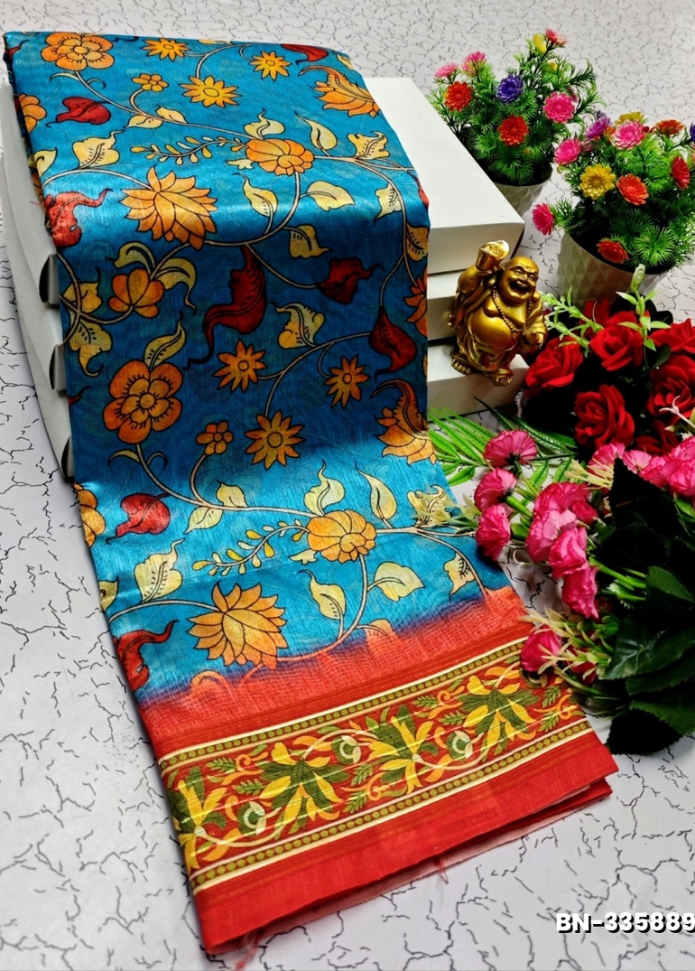 DESIGNER SOFT BANARASI SILK WITH KALAMKARI THEME  EXCLUSIVE MODEL WITH PURE ZARI  BORDER - BLUE COLOUR