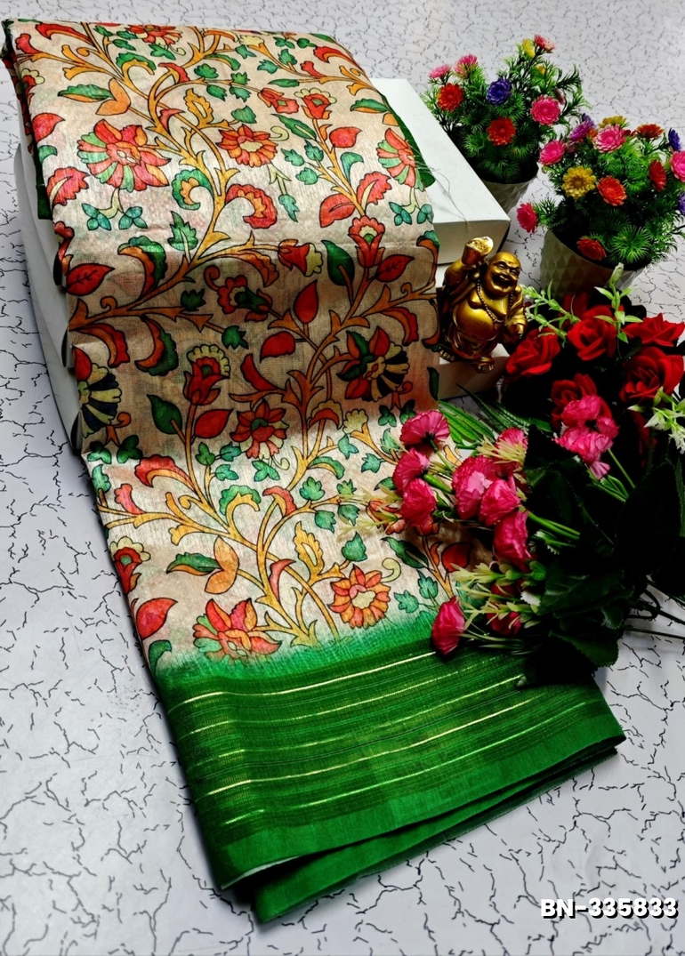 DESIGNER SOFT BANARASI SILK WITH KALAMKARI THEME  EXCLUSIVE MODEL WITH PURE ZARI  BORDER - CREAM