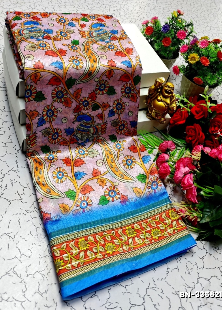 DESIGNER SOFT BANARASI SILK WITH KALAMKARI THEME  EXCLUSIVE MODEL WITH PURE ZARI  BORDER - BABY PINK