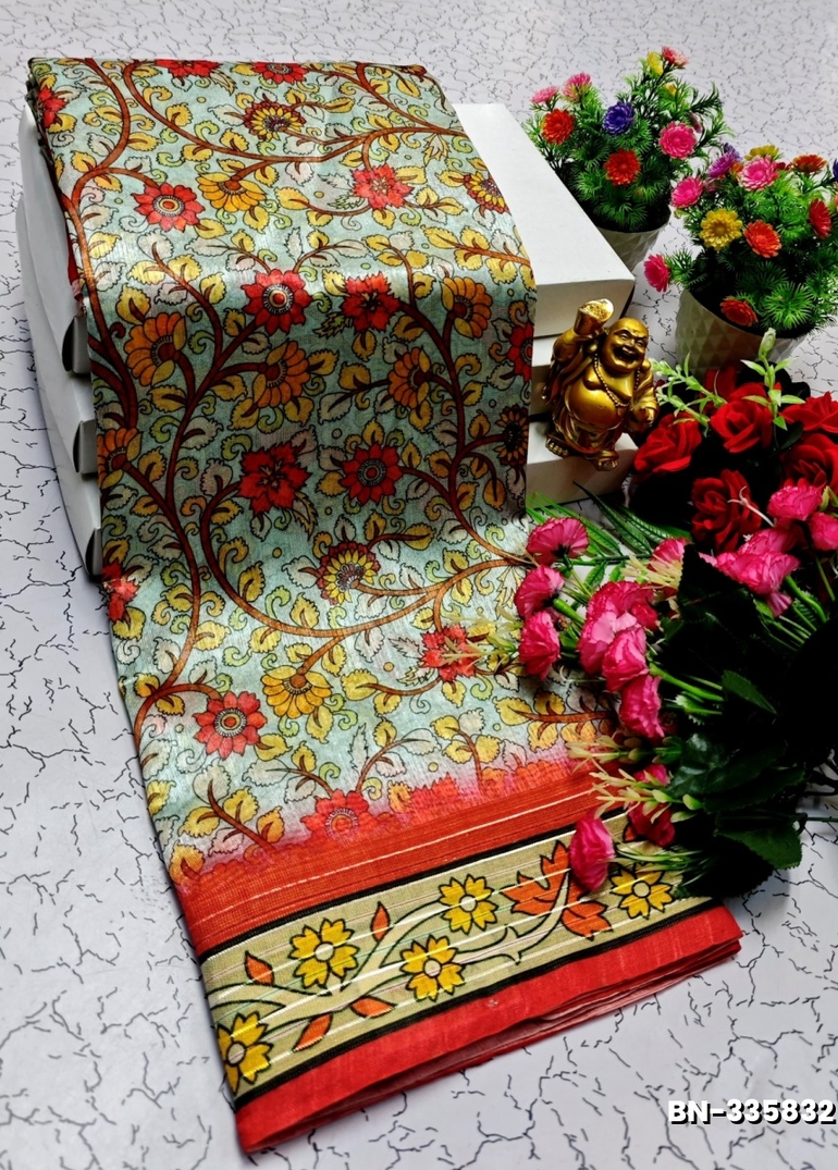 DESIGNER SOFT BANARASI SILK WITH KALAMKARI THEME  EXCLUSIVE MODEL WITH PURE ZARI  BORDER - LIGHT SKY BLUE