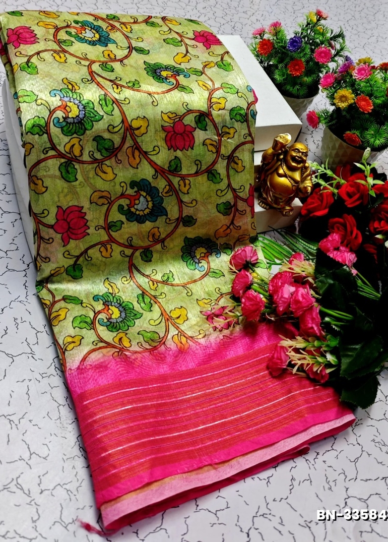 DESIGNER SOFT BANARASI SILK WITH KALAMKARI THEME  EXCLUSIVE MODEL WITH PURE ZARI  BORDER - LIGHT GREEN