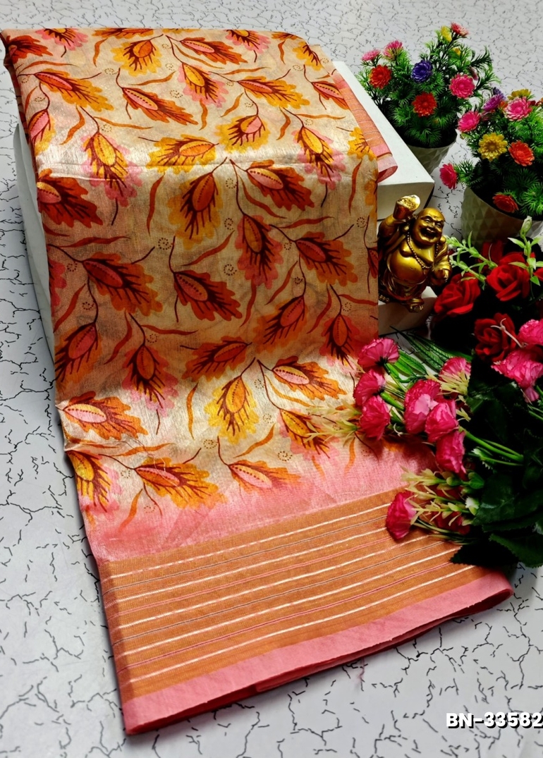 DESIGNER SOFT BANARASI SILK WITH KALAMKARI THEME  EXCLUSIVE MODEL WITH PURE ZARI  BORDER - LIGHT SANDLE