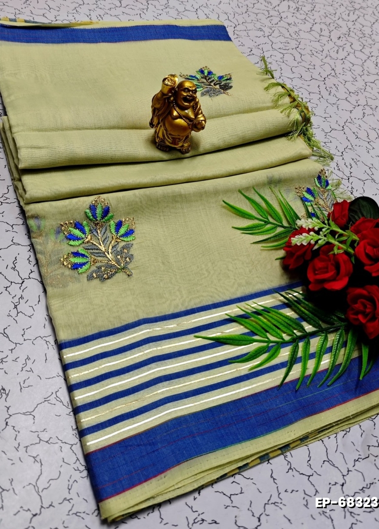 DIGITAL EMBROIDERY PRINTING COTTON SAREES - CREAM (7)