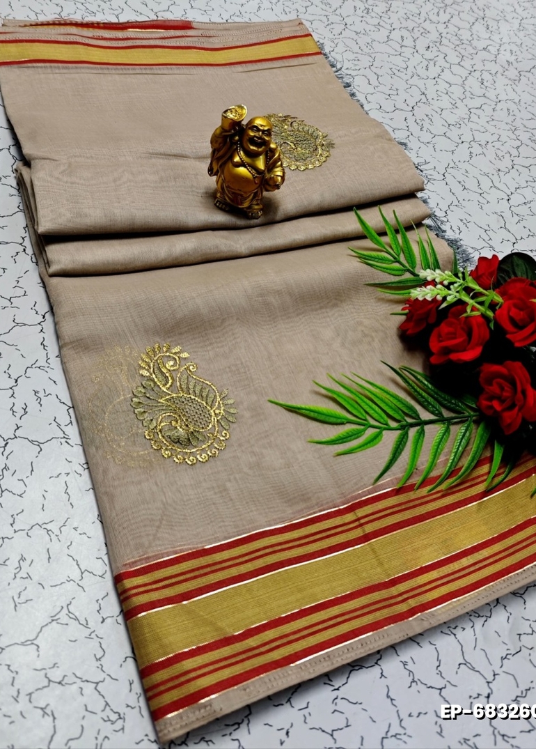 DIGITAL EMBROIDERY PRINTING COTTON SAREES - CREAM COLOR