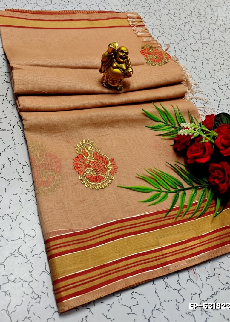 DIGITAL EMBROIDERY PRINTING COTTON SAREES - LIGHT SANDLE (1)