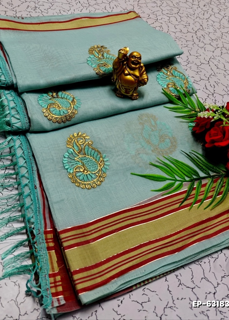 DIGITAL EMBROIDERY PRINTING COTTON SAREES - LIGHT SKY BLUE (4)