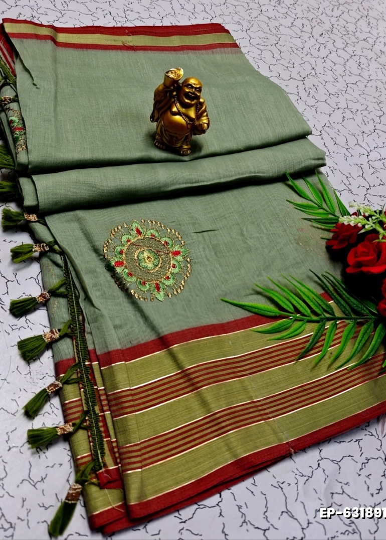 DIGITAL EMBROIDERY PRINTING COTTON SAREES - LIGHT OLIVE