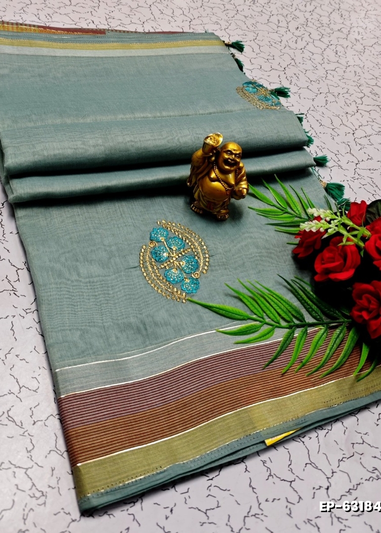 DIGITAL EMBROIDERY PRINTING COTTON SAREES - LIGHT GREEN SHADE (2)