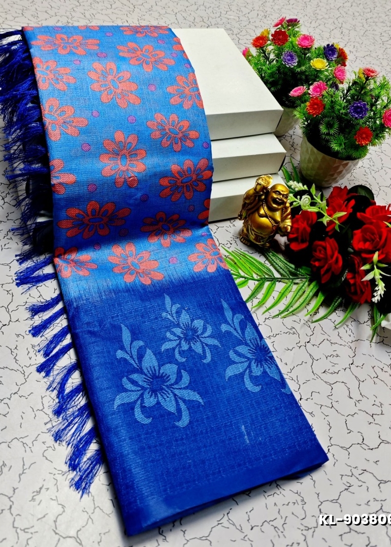 DEGITAL KARGIL PRINTED  COTTON TYPE SAREE - ROYAL BLUE