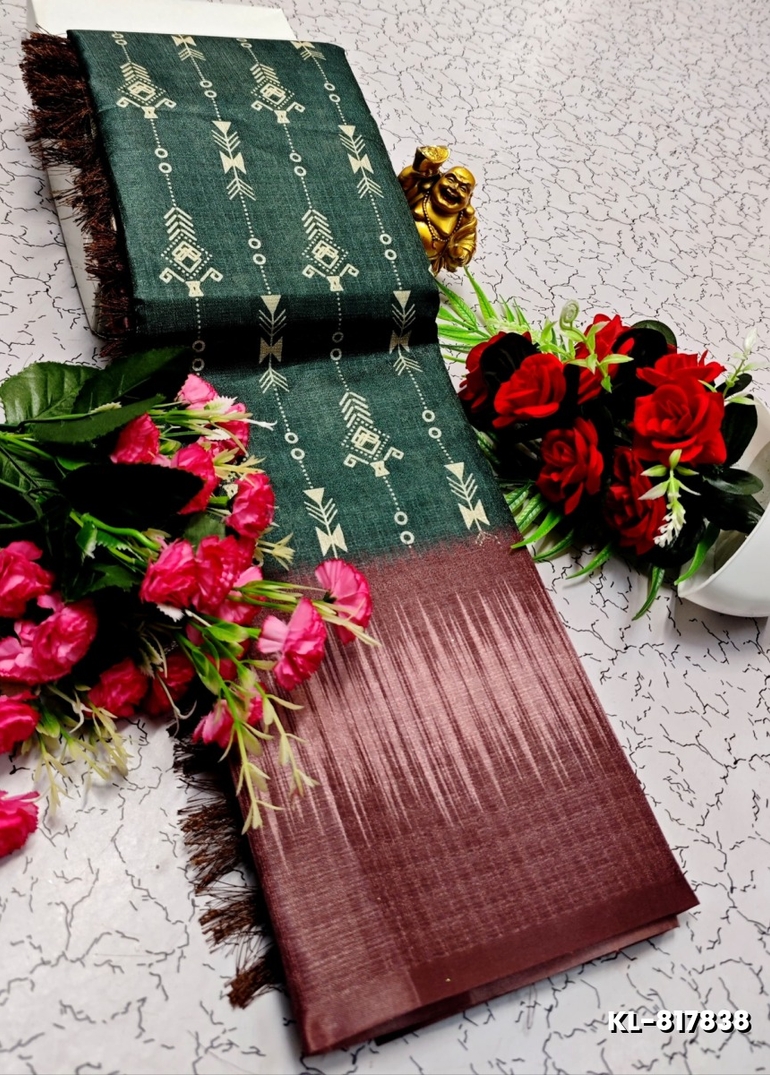 DEGITAL KARGIL PRINTED  COTTON TYPE SAREE - DARK GREEN (1)
