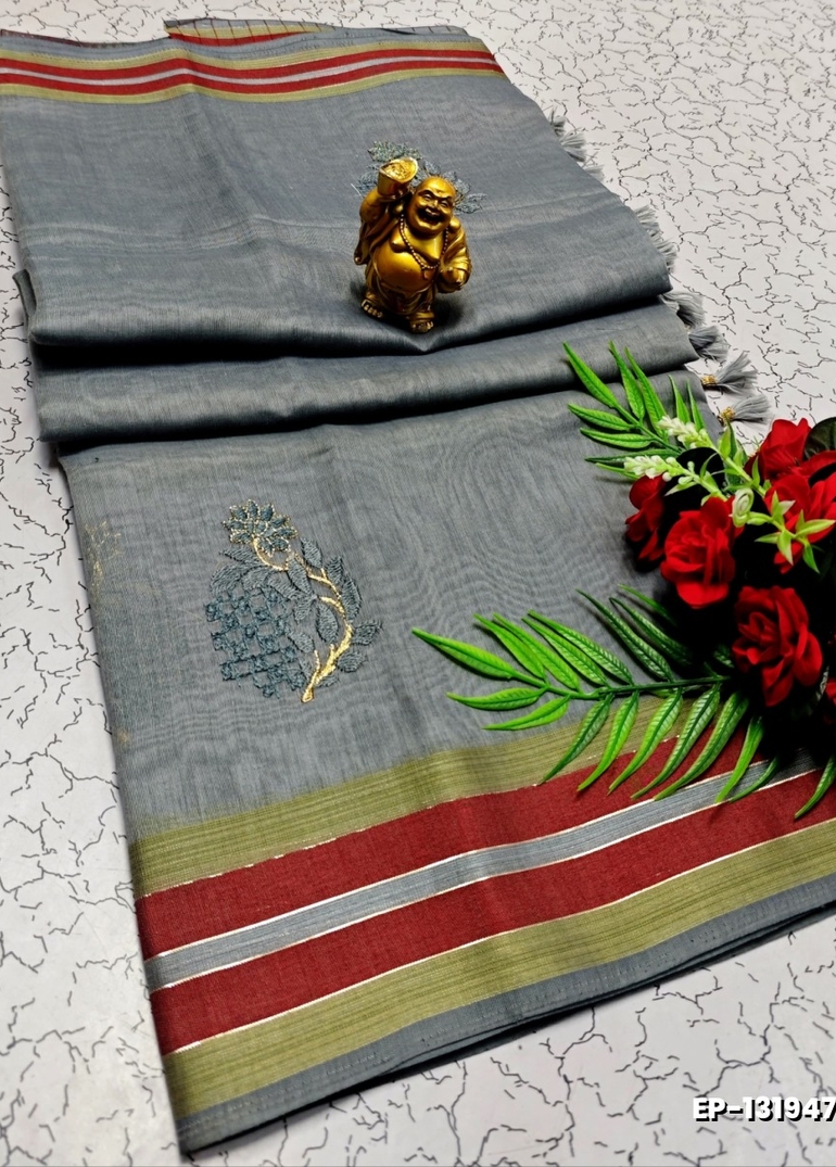 DIGITAL EMBROIDERY PRINTING COTTON SAREES - GRAY (1)