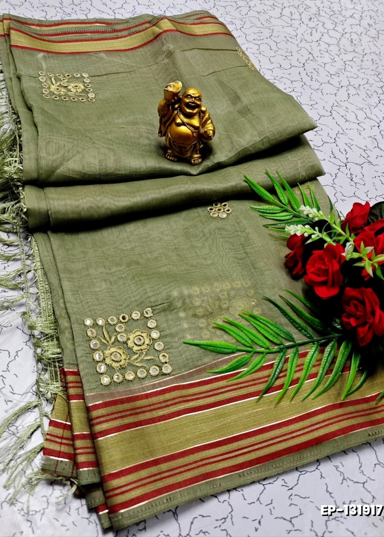 DIGITAL EMBROIDERY PRINTING COTTON SAREES - OLIVE GREEN