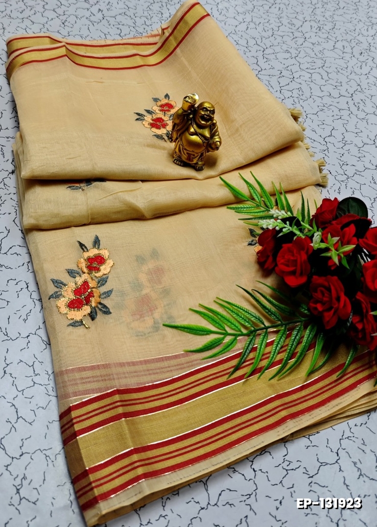 DIGITAL EMBROIDERY PRINTING COTTON SAREES - LIGHT SANDLE (2)