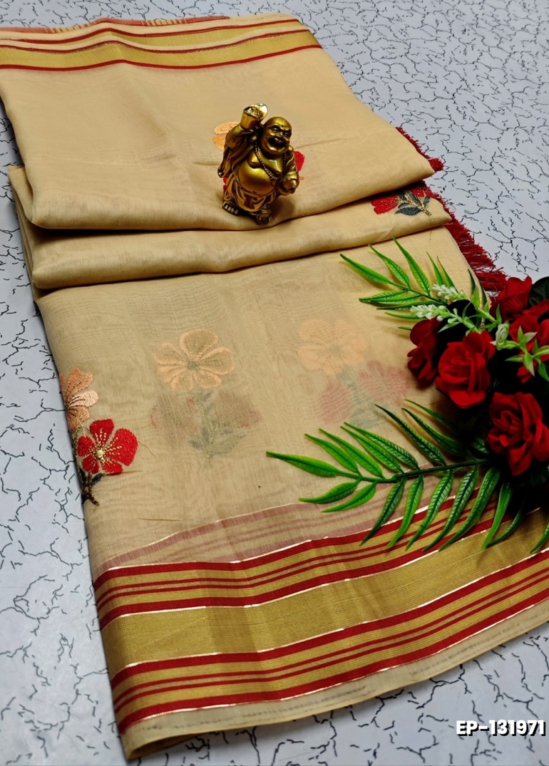 DIGITAL EMBROIDERY PRINTING COTTON SAREES - PEACH COLOUR (1)