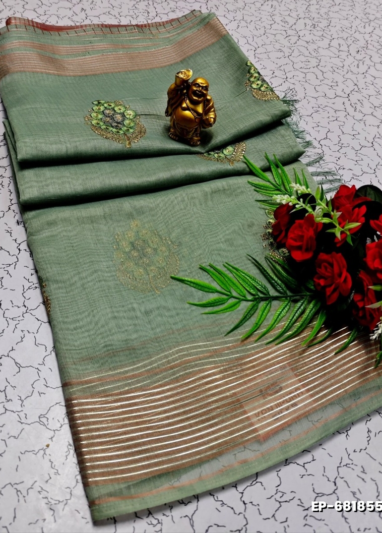 DIGITAL EMBROIDERY PRINTING COTTON SAREES - MILD GOLD